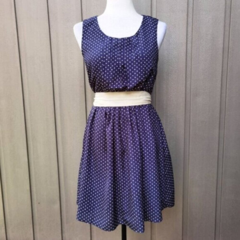 Polka dot navy blue tie waist dress
